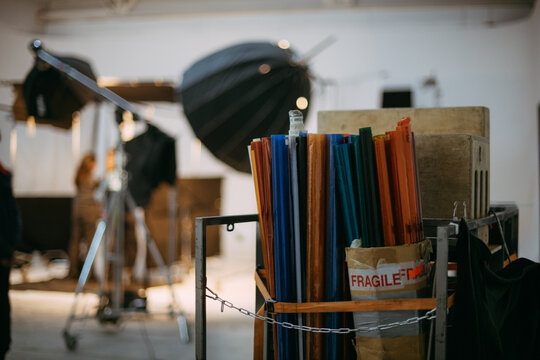 Film set, monitors and modern shooting equipment. Film crew, lighting devices, monitors, playbacks - filming equipment and a team of specialists in filming movies, advertising and TV series