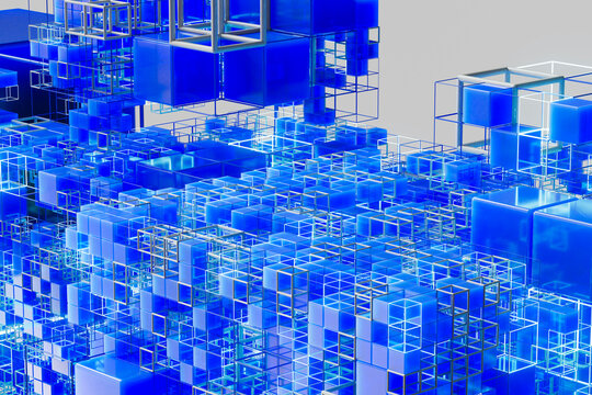 Abstract blue voxel landscape with digital cube network