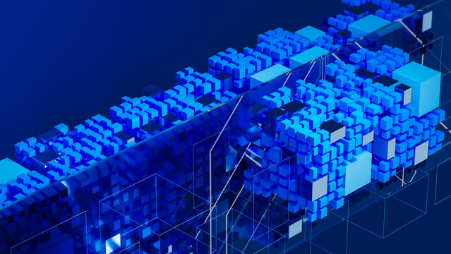 Futuristic data network technology background with data cubes