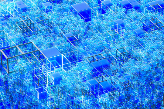 Abstract blue digital grid with voxel structures