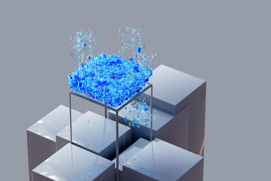Abstract floating particles over geometric cube structure