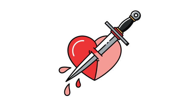 Sharp dagger piercings through a red heart with small pink blood droplets dripping from its tip against a clean white background.