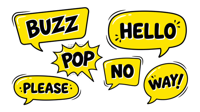 Yellow speech bubbles with Buzz and Hello text.