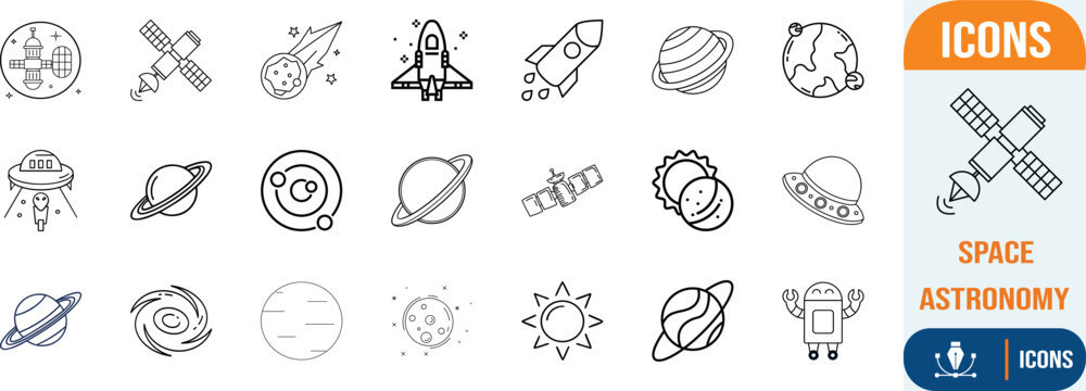 Space universe galaxy line icons. planet icon set, rocket icon set, satellite icon set
