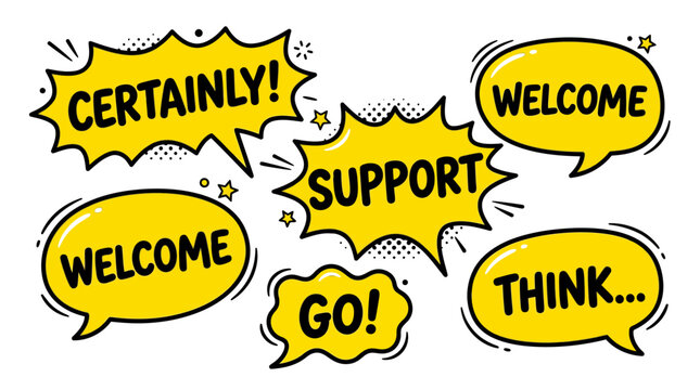 Yellow speech bubbles with Support and Certainly text labels