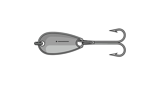 Metallic silver fishing spoon lure with a sharp double hook is shown in a side view against a clean white background for fishing.