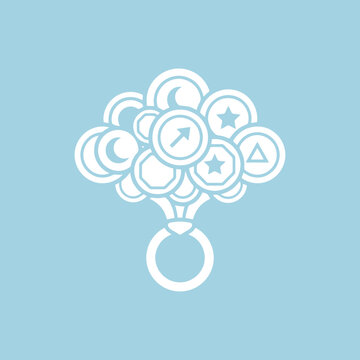 A white graphic illustration of a baby rattle on blue background