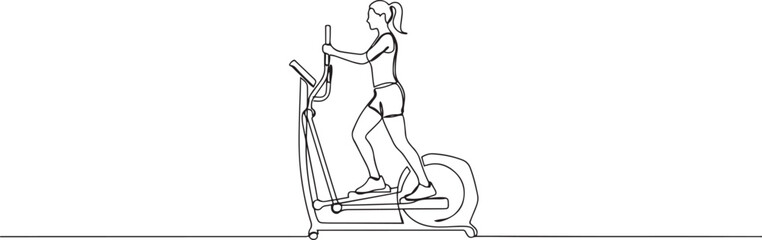 Continuous one line drawing woman is intensely working out on elliptical machine, maintaining upright stance. one line Icon drawing © Nargis