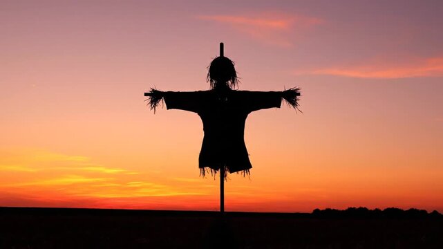 A dark scarecrow silhouette stands against a vibrant sunset sky