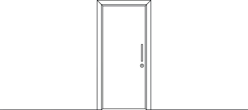 Minimalist line art illustration of a closed modern door with handle and keyhole isolated on white background