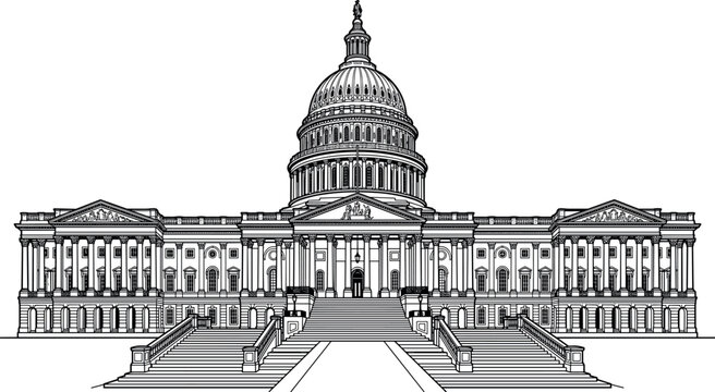 United States Capitol Building Vector Outline Drawing for Government Architecture History Legal System Education and Political Campaign Design ElementsUnited States Capitol Building Vector Outline Dra
