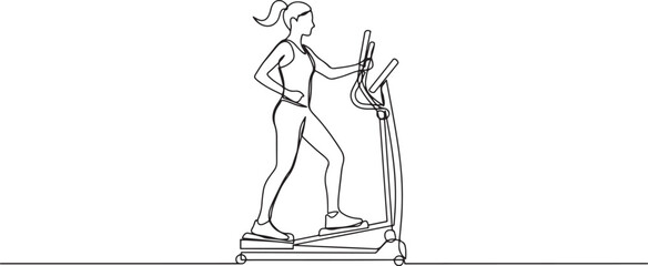 Continuous one line drawing woman is intensely working out on elliptical machine, maintaining upright stance. one line Icon drawing © Nargis