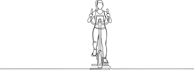 Continuous one line drawing woman is intensely working out on elliptical machine, maintaining upright stance. one line Icon drawing © Nargis