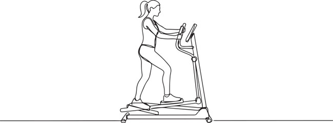 Continuous one line drawing woman is intensely working out on elliptical machine, maintaining upright stance. one line Icon drawing © Nargis