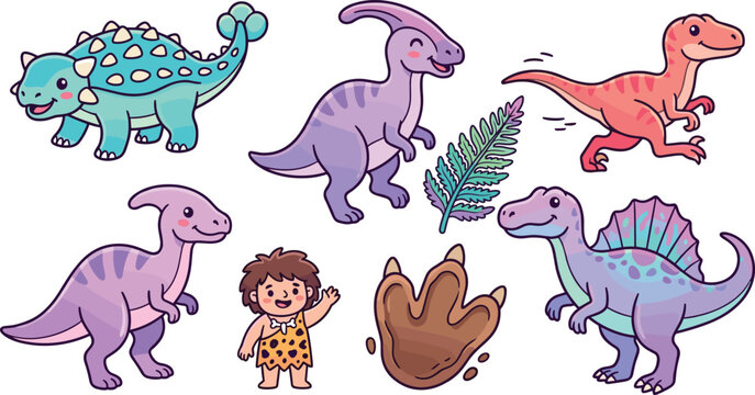 Cute cartoon dinosaur vector set featuring parasaurolophus spinosaurus ankylosaurus velociraptor a waving prehistoric caveman boy a large muddy footprint and a green fern leaf.