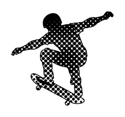Fototapeta premium Stylized Halftone Silhouette of a Skateboarder Performing an Aerial Trick on a White Background