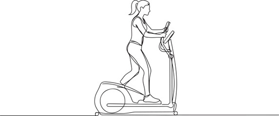 Continuous one line drawing woman is intensely working out on elliptical machine, maintaining upright stance. one line Icon drawing © Nargis