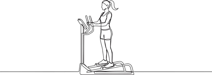 Continuous one line drawing woman is intensely working out on elliptical machine, maintaining upright stance. one line Icon drawing © Nargis