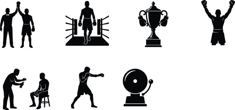 Boxing Championship Silhouette Collection with Ring Entrance Victory Coach Training and Competition Elements