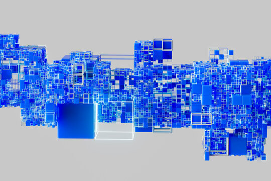 Close up digital voxel grid with blue cubes