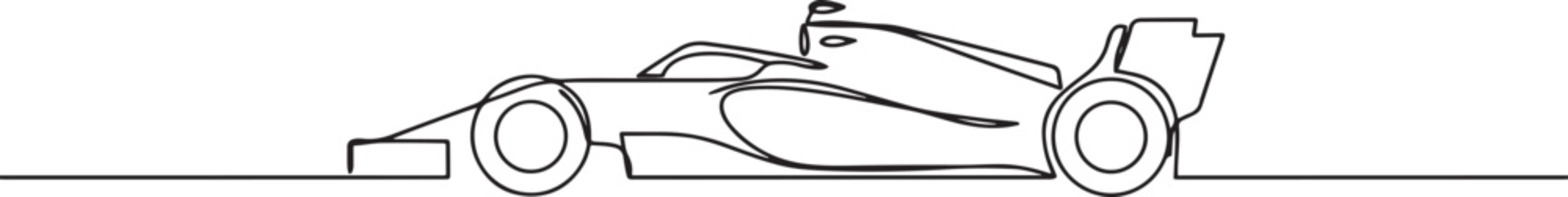 Continuous one line drawing Formula One racing car, emphasizing the intricate front wing and tire detail. one line Icon drawing