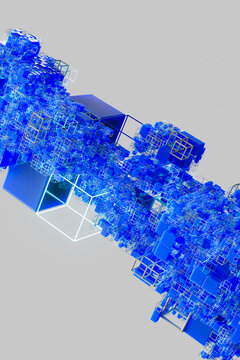 Diagonal abstract voxel structure with blue cubes