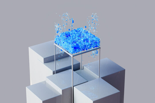 Abstract blue particles over minimal geometric cubes