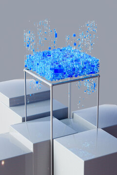 Vertical geometric composition with floating blue particles