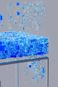 Close up blue voxel particles on geometric platform
