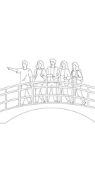 Obraz premium Group of students standing on an arch bridge pointing towards something in the distance while engaged in a lively conversation outside during a sunny day trip across school campus path during