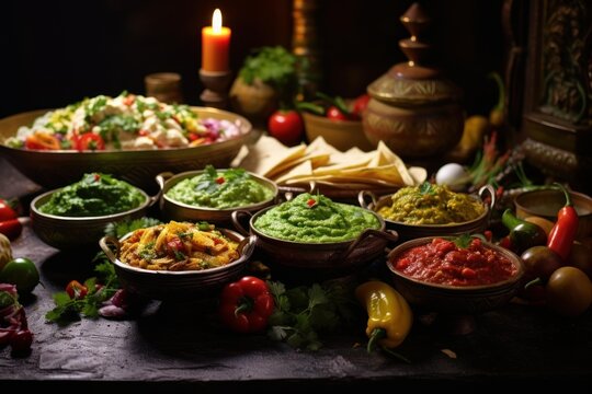 Appetizers for a mexican fiesta showcasing guacamole, salsa, and other savory dips