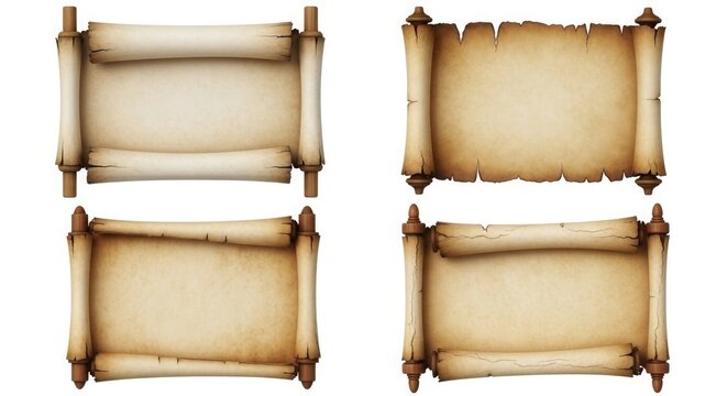 Set of four antique papyrus scrolls with wooden handles on white background.