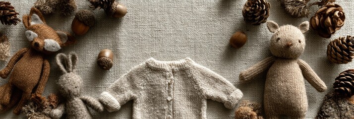 Obraz premium Set up for a woodland forest baby shower featuring plush animal toys, pine cones, acorns, and a small knit onesie on a linen background.