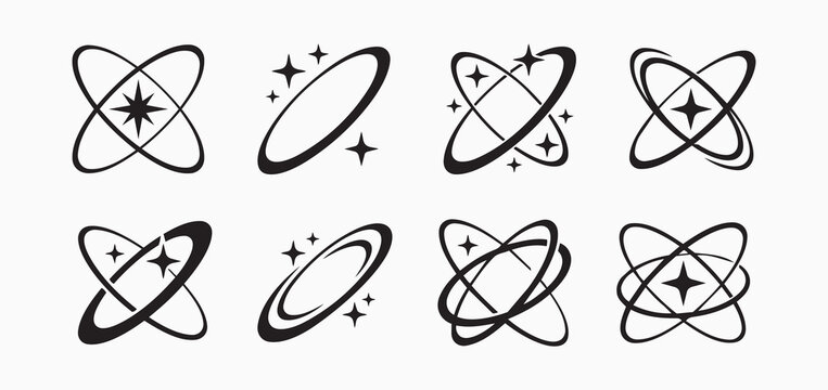 Orbit icon set with stars and sparkles for technology and science logos
