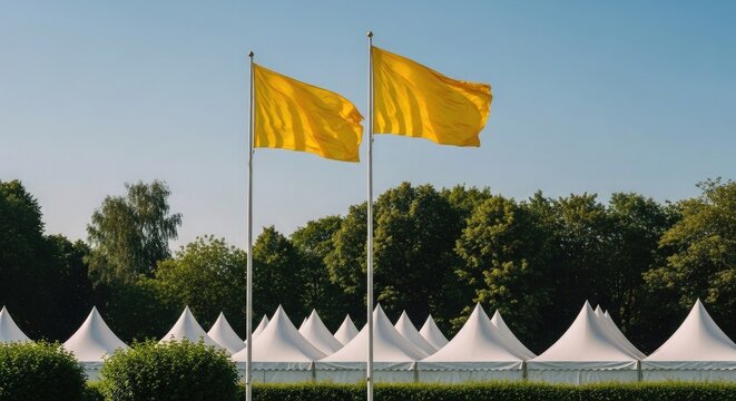 Two yellow flags waving on tall poles above white tents in park summer sunlight.