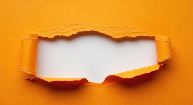 Vibrant orange paper surface with a torn middle hole for unique design overlays.