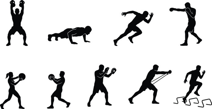 Fitness Training and Athletic Workout Silhouette Collection with Strength Cardio Boxing and Agility Exercises