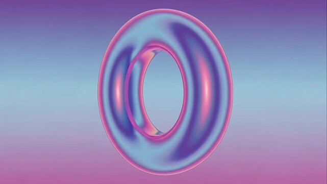 A glossy iridescent torus shape floats against a soft gradient background