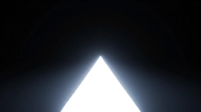 A bright glowing triangle shape emerges from the dark void