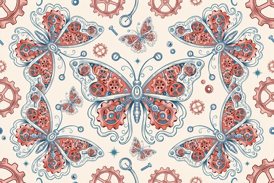 Steampunk style seamless pattern featuring mechanical butterflies with intricate gear wings and clockwork components on a cream colored background