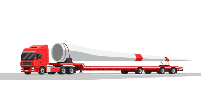 Red semi-truck transporting a massive wind turbine blade on a specialized flatbed trailer. Renewable energy logistics, heavy-duty cargo, and oversized load transportation concept.