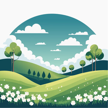 Stylized Spring Landscape with Rolling Hills and Flowers