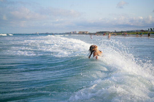 Kids playing in ocean waves on sunny beach