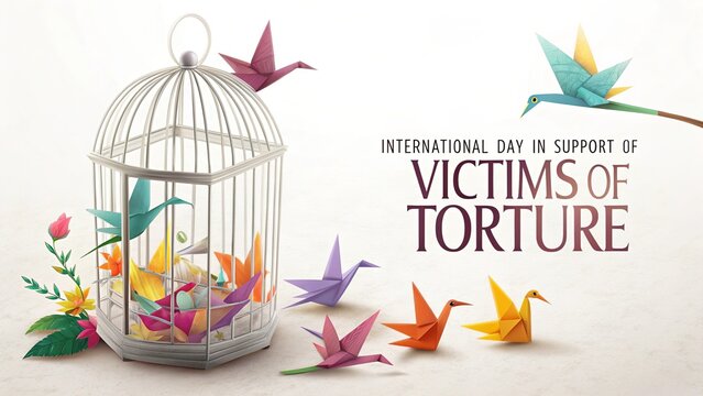 International Day in Support of Victims of Torture with origami birds escaping cage.
