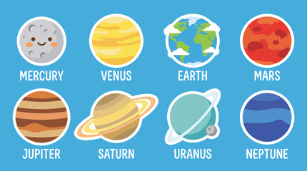 Colorful vector illustration featuring eight unique planets of the solar system arranged as cute circular icons on blue background surface © Firdaus