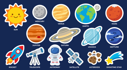 Cute flat vector illustration featuring a collection of colorful solar system planets and space exploration icons on dark blue background © Firdaus