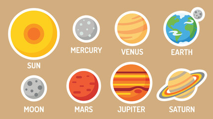 Colorful solar system vector graphic illustration featuring the sun and various planets arranged neatly on a solid light brown background © Firdaus
