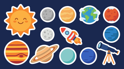 Colorful vector graphic collection featuring cute smiling sun planets rocket ship and telescope elements for creative space themed artistic projects © Firdaus