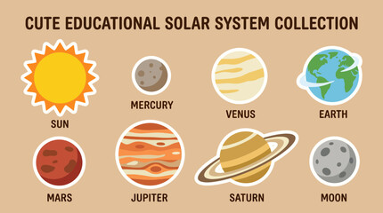 Vibrant colorful vector illustration set featuring cute solar system planets and the sun for educational children science learning projects © Firdaus