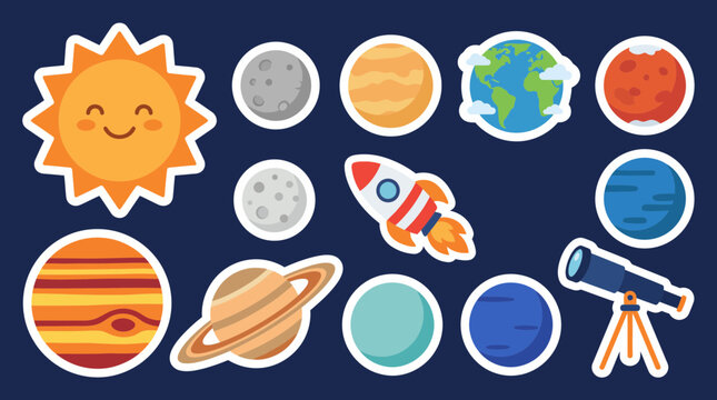 Colorful vector graphic collection featuring cute smiling sun planets rocket ship and telescope elements for creative space themed artistic projects